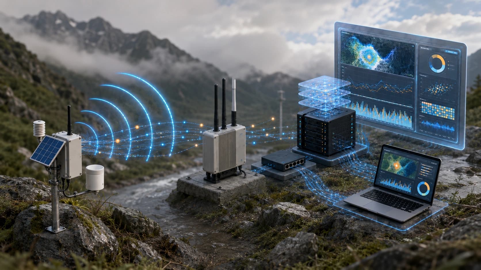 Concept visual of LoRaWAN sensors, a gateway, and an analytics system in mountainous terrain
