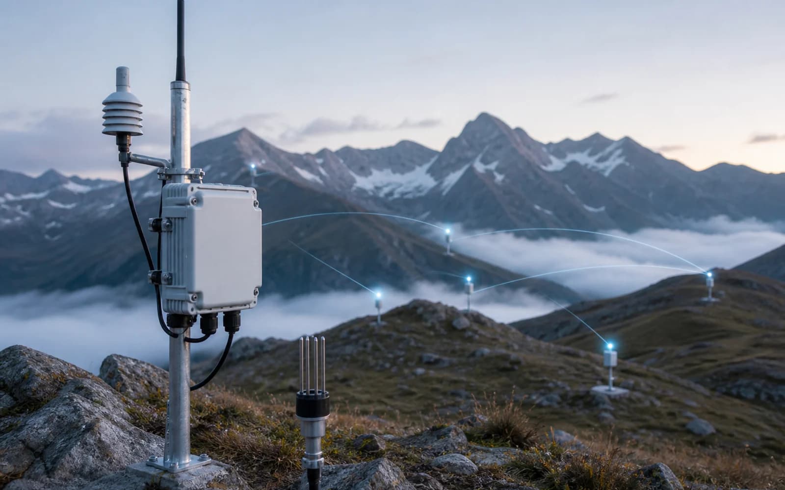 Concept visualization of a LoRaWAN environmental sensing network in mountainous terrain